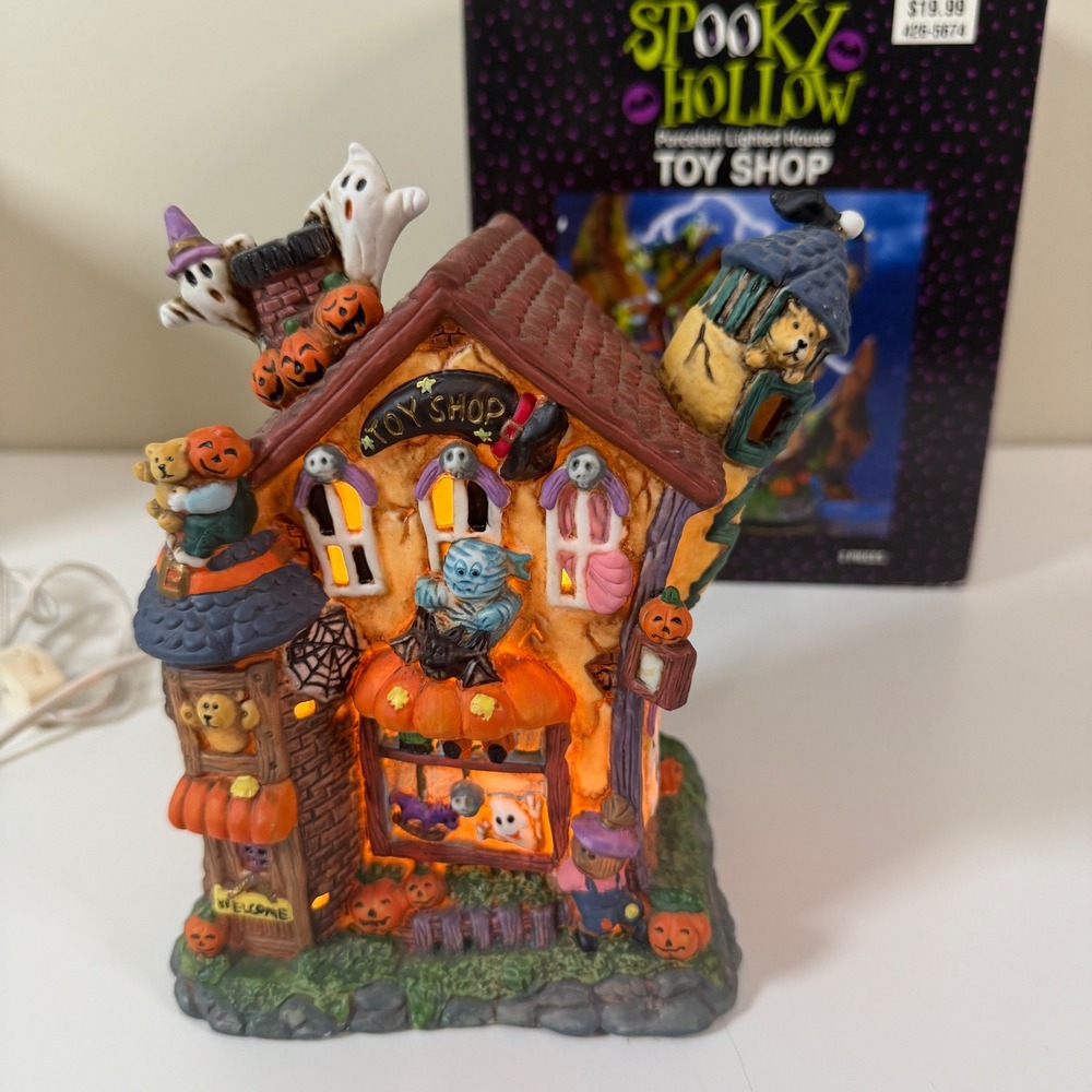 Spooky Hollow Toy Shop Halloween Village House Lighted Porcelain Collectible